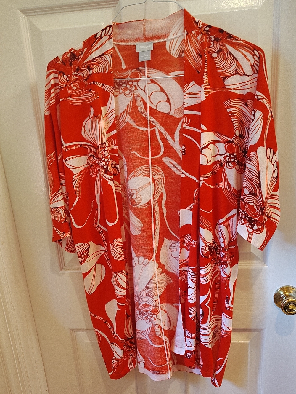 Chicos Red and White Floral Open-Front Duster M